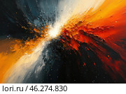 An abstract work depicting a vibrant and dynamic explosion of colors. The painting is dominated by black, orange and yellow tones, which gradually fade into light tones of white. The explosion of colors resembles a galactic or cosmic event, and this creates a sense of movement, energy and momentum. Стоковое AI-изображение, AI-художник Анна Кривицкая / Фотобанк Лори