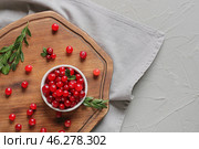 Wooden bowl with lingonberries on grey background. Стоковое фото, фотограф Pixel_shot / Фотобанк Лори