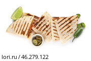 Tasty quesadillas, lime and pickled jalapenos on white background. Стоковое фото, фотограф Pixel_shot / Фотобанк Лори
