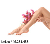 Young woman with silky skin after epilation on white background. Стоковое фото, фотограф Pixel_shot / Фотобанк Лори