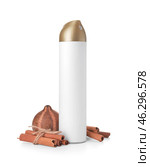 Bottle of air freshener and cinnamon on white background. Стоковое фото, фотограф Pixel_shot / Фотобанк Лори