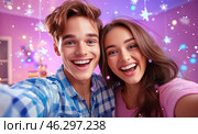 A happy young couple takes a selfie against the backdrop of bright garlands and sparkling snowflakes, conveying an atmosphere of joy, coziness and festive mood. Стоковое AI-изображение, AI-художник ArtVladZ / Фотобанк Лори