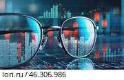 Pair of glasses with a reflection of a city skyline in the lenses. Стоковое AI-видео, аниматор Sergey Grishin / Фотобанк Лори