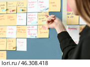 Young woman near scrum task board in office. Стоковое фото, фотограф Pixel_shot / Фотобанк Лори