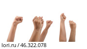 Hands of protesting people on white background. Стоковое фото, фотограф Pixel_shot / Фотобанк Лори