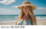 Summer vacation on the beach, close-up of a beautiful woman in a straw hat. Daylight saving time. Rest and vacations, a place to copy. Стоковое AI-изображение, AI-художник Photojuli / Фотобанк Лори