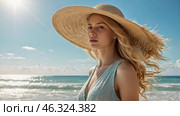 Summer vacation on the beach, close-up of a beautiful woman in a straw hat. Daylight saving time. Rest and vacations, a place to copy. Стоковое AI-изображение, AI-художник Photojuli / Фотобанк Лори