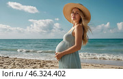 Close-up of a pregnant beautiful woman in a straw hat. Daylight saving time. Relaxation, peace of mind, sea air. The concept of pregnancy, childbirth and parental responsibilities. Стоковое AI-изображение, AI-художник Photojuli / Фотобанк Лори