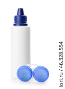 Container with contact lenses and solution isolated on white background. Стоковое фото, фотограф Pixel_shot / Фотобанк Лори