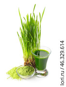 Glass with fresh wheatgrass juice and powder on white background. Стоковое фото, фотограф Pixel_shot / Фотобанк Лори