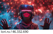 Boy in virtual reality glasses. Child uses VR helmet, touching air in colorful neon lights. Futuristic technology background, virtual reality experiences, futuristic technology, future technology. Стоковое AI-изображение, AI-художник Ирина Михайличенко / Фотобанк Лори