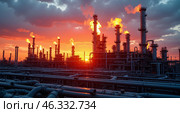 Индустриальный нефтеперерабатывающий завод на закате с выбросами дыма и огня. Стоковое AI-изображение, AI-художник Anna Leeva / Фотобанк Лори