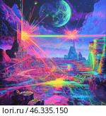 A vibrant, psychedelic fantasy scene with an alien landscape. Hypnotizing neon colors - pink, blue, green and purple - fill the picture, creating a sense of another reality. In the center of the composition are huge ancient structures emitting powerful laser beams that cross space. A huge planet hangs in the sky, illuminated by a mysterious light, and the relief of the landscape resembles surreal forms covered in luminous energies. The painting is made in the style of cyber fiction and retrofuturism. Стоковое AI-изображение, AI-художник Анна Кривицкая / Фотобанк Лори