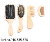 Hair brushes and combs on white background. Стоковое фото, фотограф Pixel_shot / Фотобанк Лори