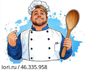 Шеф-повар улыбается на кухне, демонстрируя энтузиазм к кулинарии и готовке. Стоковое AI-изображение, AI-художник Сергей Милянчиков / Фотобанк Лори