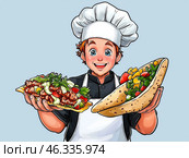 Молодой греческий шеф-повар с улыбкой держит гирос, наполненный свежими ингредиентами. Стоковое AI-изображение, AI-художник Сергей Милянчиков / Фотобанк Лори