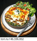 Вкусная домашняя лазанья с салатом для уютного обеда. Стоковое AI-изображение, AI-художник Сергей Милянчиков / Фотобанк Лори
