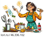 Пожилая женщина с улыбкой готовит вкусное блюдо на кухне с использованием свежих ингредиентов и большого количества вдохновения. Стоковое AI-изображение, AI-художник Сергей Милянчиков / Фотобанк Лори