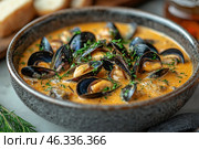 A delicious mussel soup in a deep ceramic bowl. The dish has a rich, creamy, spicy broth with a golden-orange hue, and the mussels are open in their shells, showing off their tender meat. The soup is topped with fresh herbs, probably parsley or dill, which adds brightness and freshness to the dish. Pieces of bread are visible around, which are perfect for dipping into the broth. The atmosphere of the photo is cozy and gastronomic, conveying the taste of seafood and the sophistication of the dish. Стоковое AI-изображение, AI-художник Анна Кривицкая / Фотобанк Лори