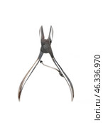 A pair of stainless steel nail clippers for manicure and a pedicure isolated on a white background. Стоковое фото, фотограф Елена  Попкова / Фотобанк Лори