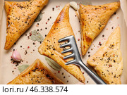 Tongs with tasty Uzbek samsa, top view. Стоковое фото, фотограф Pixel_shot / Фотобанк Лори
