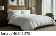 Elegant hotel room with crisp bedding for a cozy Valentine's Day. Стоковое AI-изображение, AI-художник Katsiaryna Repich / Фотобанк Лори