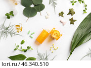 Jars with pills and herbs on white background. Стоковое фото, фотограф Pixel_shot / Фотобанк Лори