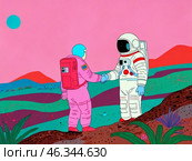 Иллюстрация космонавтов на неизвестной планете. Стоковое AI-изображение, AI-художник ольга скальская / Фотобанк Лори