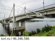 Kimry, formerly Kimra, Tver Region, Russia, July 27, 2018: Kimry road highway bridge across Volga River, longest bridge in Tver region. Редакционное фото, фотограф Алексей Антипов / Фотобанк Лори