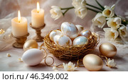 The concept of a bright Easter holiday. Delicate Easter eggs in a mother-of-pearl basket, and delicate flowers on a pastel-watercolor background. Стоковое AI-изображение, AI-художник Photojuli / Фотобанк Лори