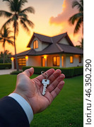 Realtor's hand with keys to house for beach holiday in hot tropics with palm trees. Hotel reservations, booking, moving to new house, mortgage, rent and purchase of real estate. AI generated. Стоковое AI-изображение, AI-художник Ольга Симонова / Фотобанк Лори