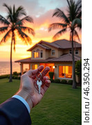 Realtor's hand with keys to house for beach holiday in hot tropics with palm trees. Hotel reservations, booking, moving to new house, mortgage, rent and purchase of real estate. AI generated. Стоковое AI-изображение, AI-художник Ольга Симонова / Фотобанк Лори