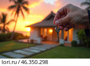 Realtor's hand with keys to house for beach holiday in hot tropics with palm trees. Hotel reservations, booking, moving to new house, mortgage, rent and purchase of real estate. AI generated. Стоковое AI-изображение, AI-художник Ольга Симонова / Фотобанк Лори