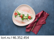 Plate with tasty arugula salad on color background. Стоковое фото, фотограф Pixel_shot / Фотобанк Лори