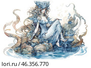 A fantasy figure of a woman resembling a water goddess or fairy. She is dressed in an airy dress of blue and white shades, decorated with openwork patterns reminiscent of sea waves. Her long curly hair is crowned with a decorative headdress resembling a shell or a coral reef. The woman sits by the water, dipping her leg in it, and around her are intertwined streams of water and organic forms resembling underwater plants. In her hand is a long smoking mouthpiece, which gives the image a touch of aristocracy and mystery. The painting is done in the style of a watercolor illustration with subtle transitions of shades and complex detailing. Стоковое AI-изображение, AI-художник Анна Кривицкая / Фотобанк Лори