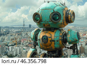 A large steampunk or retrofuturistic robot standing against the backdrop of a modern metropolis. Its body is made in a turquoise and orange color scheme, with worn and rusty effects, which gives it an industrial and vintage look. The robot has large round "eyes" reminiscent of camera lenses or portholes, as well as a complex mechanical design with numerous parts, screws and joints. Behind it lies a city with tall buildings, bridges and TV towers, which creates a contrast between the technological utopia and the industrial past. Стоковое AI-изображение, AI-художник Анна Кривицкая / Фотобанк Лори