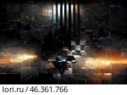 Abstract, minimalist black & dark polygon pattern tiles. Contemporary texture with shades of grey and golden metal, illuminated by irregular light & dark. Generative AI. Стоковое AI-изображение, AI-художник Андрей Степанов / Фотобанк Лори