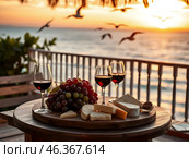 Wooden table of a seaside cafe with glasses of red wine, bunches of grapes and a plate of cheese. Стоковое AI-изображение, AI-художник Iva Noel / Фотобанк Лори