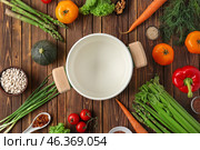 Composition with various healthy products and stewpan on wooden background. Стоковое фото, фотограф Pixel_shot / Фотобанк Лори