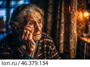 Minimalism. Portrait of an old elderly woman, a pensioner, a concept of the life of the elderly, health, loneliness and memory loss. Стоковое AI-изображение, AI-художник Photojuli / Фотобанк Лори
