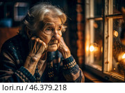 Minimalism. Portrait of an old elderly woman, a pensioner, a concept of the life of the elderly, health, loneliness and memory loss. Стоковое AI-изображение, AI-художник Photojuli / Фотобанк Лори