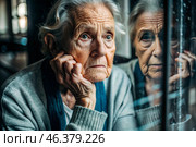 Minimalism. Portrait of an old elderly woman, a pensioner, a concept of the life of the elderly, health, loneliness and memory loss. Стоковое AI-изображение, AI-художник Photojuli / Фотобанк Лори