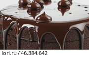 Whole Round Sacher torte wide long banner. Brown Chocolate famous Sachertorte cake with apricot jam on white background. Typical Austrian original brown sponge cake dessert with spreading cocoa glaze. Стоковое AI-видео, аниматор Марина Демидюк / Фотобанк Лори