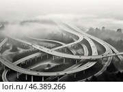 High-altitude view of interchanges and bridges that form complex and curved lines. The area is shrouded in fog, creating an atmosphere of mystery and tranquility. This image conveys a sense of movement, as well as engineering skill and harmony in the urban infrastructure. Стоковое AI-изображение, AI-художник Анна Кривицкая / Фотобанк Лори