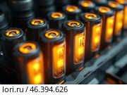 Several batteries or accumulators with a bright LED indicator that stands out in orange. It is clear that the elements are charging, and the frame demonstrates high-quality shooting with details. The technological aspect of the image attracts attention, as well as the accuracy and organization of the proces. Стоковое AI-изображение, AI-художник Анна Кривицкая / Фотобанк Лори