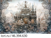 A detailed illustration with an architectural motif. The foreground shows a building covered in snow and ice patterns, surrounded by plants and flowers. Intricate floral and plant designs branch out around the building, and elements of the cityscape are visible at the top of the painting. The colors of the painting are cool, with grays, blues and whites predominating, creating a wintery atmosphere. Стоковое AI-изображение, AI-художник Анна Кривицкая / Фотобанк Лори