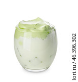Glass of tasty dalgona matcha latte on white background. Стоковое фото, фотограф Pixel_shot / Фотобанк Лори