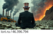 Uncle Sam on a pile of bundles of dollars against an industrial landscape of rare metal mining and processing.  AI generative. Стоковое AI-изображение, AI-художник Роман Дзюбало / Фотобанк Лори