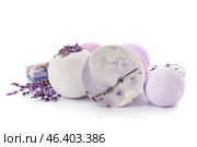 Lavender bath bombs and soap on white background. Стоковое фото, фотограф Pixel_shot / Фотобанк Лори