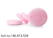Pink soluble tablets isolated on white background. Стоковое фото, фотограф Pixel_shot / Фотобанк Лори